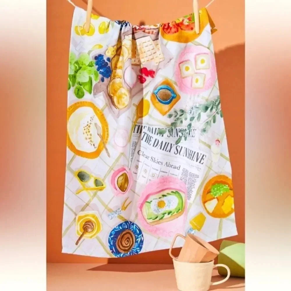 Anthropologie Tea Dish towel brunch avocado toast newspaper breakfast table